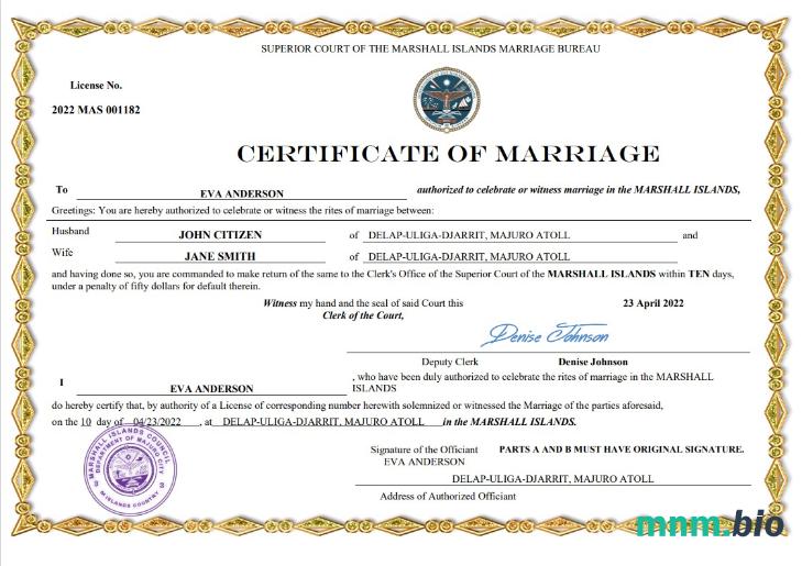 Marshall Islands akt małżeństwa Word i PDF szablon